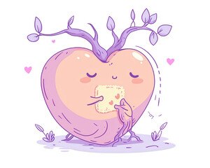 Cute heart-shaped character with tree branches and flowers.