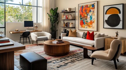 Obraz premium Modern living room featuring stylish furniture and vibrant artwork.