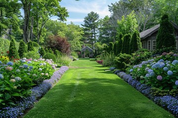 Large backyard garden with tall coniferous trees, colorful hydrangeas, and ornamental hedges surrounding an old New England home, featuring a small gazebo.