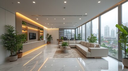 a contemporary ecofriendly office space white interior design the workspace is welllit with natural light showcasing sleek furniture ,green plants for refreshing productive environment