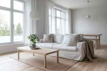 A modern interior with a bright and tidy living room finished with a Scandinavian interior. Generative AI
