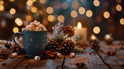 Cozy winter setting with a cup of hot cocoa, marshmallows, and pinecones amidst beautiful bokeh lights and a glowing candle.