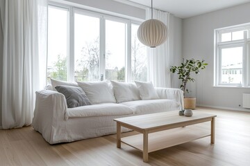 A modern interior with a bright and tidy living room finished with a Scandinavian interior. Generative AI
