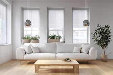 Fototapeta premium A combination of modern Scandinavian and minimalist interiors in the living room with windows and a view of the sofa and table. Generative AI 