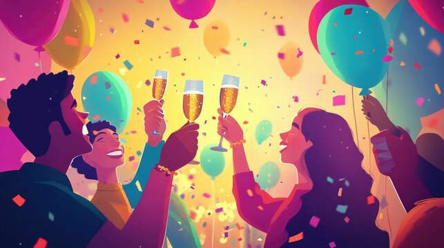 A bright and fun New Year's Eve scene with friends toasting with champagne, surrounded by confetti and colorful balloons, celebrating the arrival of the new year.