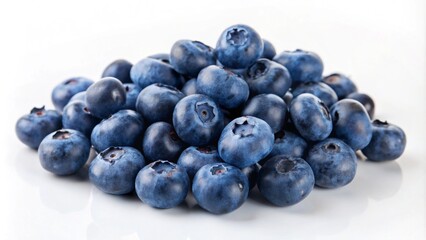 A close-up shot of a pile of fresh blueberries on a white background.