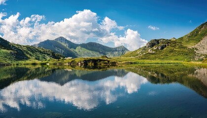 Mountain Lake Reflecting the Blue Sky and Clouds