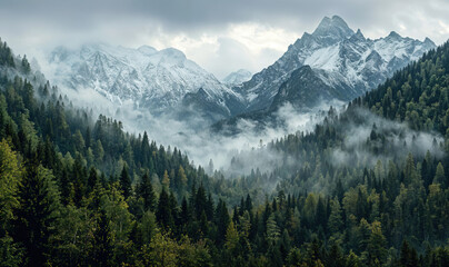 Fog is slowly rising above the fir trees in a mountain valley