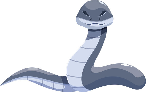 Cartoon gray snake posing menacingly with tongue out, isolated on white background