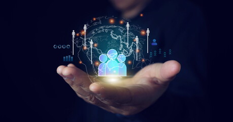 Businessman use tablet with global structure customer network technology, Data exchanges...