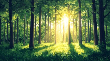 Sunlight Filtering Through Lush Green Forest Trees