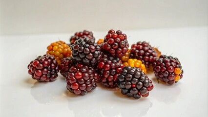Close-up of a pile of ripe blackberries and yellow berries on a white surface.