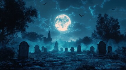 A cartoon graveyard scene at midnight, 