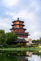 Naklejka premium Tranquil Reflection: A Beautiful Chinese Pagoda Surrounded by Nature
