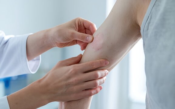 Doctor check rash on patient arm. Skin disease diagnose