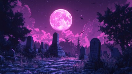 Naklejka premium A cartoon graveyard scene at midnight, 