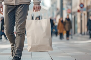 Obraz premium Close-up of shopper walking with white paper bag on busy urban street.