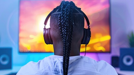 Back view of a person with braided hair wearing headphones in colorful gaming setup.