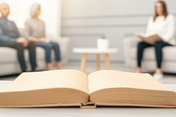 Open book in focus with blurred group therapy participants seated in discussion.