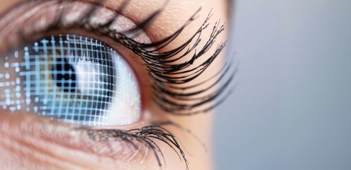 Close-up of human eye with digital technology interface overlay.
