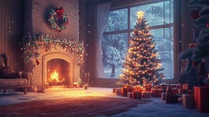 Fototapeta premium A snow-covered house with a chimney in the background frames a cozy living room. The Christmas tree glows with lights, and gift boxes are arranged underneath, ready for Christmas morning. -