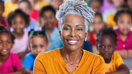 Smiling elderly teacher with gray hair sitting among diverse happy children in a classroom.