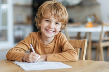 Smiling blond child writing at kitchen table with homework sheets.