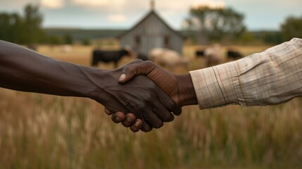 Diverse farmers shaking hands in rural pasture with grazing cattle.