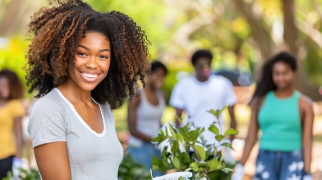 Smiling woman with friends volunteering in community garden.