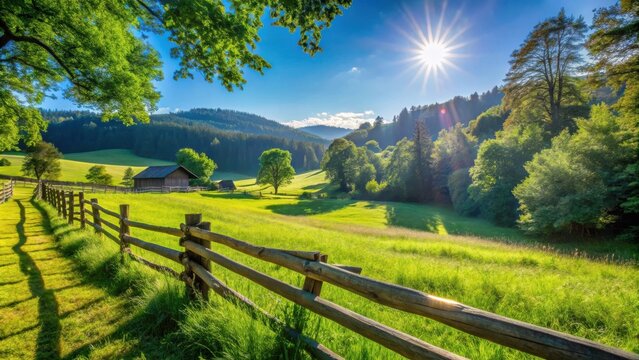Idyllic Countryside Wooden Fence Enclosed Old Farm Garden in Summer Greenery by Forest Edge with Blue Sky and Sunshine in Rural Rudersau, Rottenbuch, Pfaffenwinkel, Weilheim-Schong
