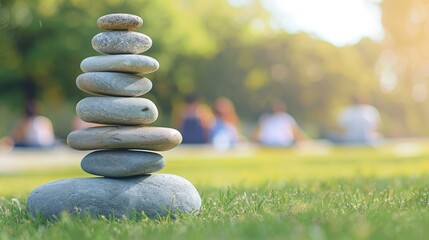 Balanced stone cairn in tranquil park with people practicing yoga in background.