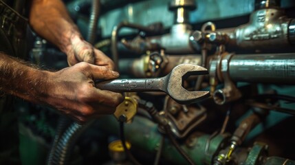 Fototapeta premium Mechanic holding wrench adjusting engine pipes in industrial setting.