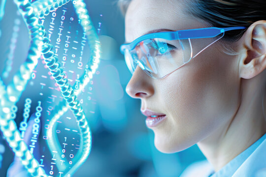 Female scientist analyzing DNA sequence with digital interface in laboratory.