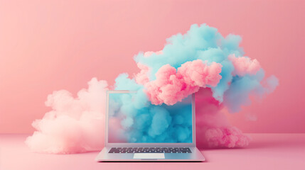 Colorful pink and blue smoke clouds emerging from laptop on soft pink background.