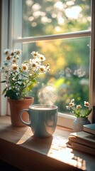 Fototapeta premium A steaming cup of coffee on a windowsill; surrounded by daisies and sunlight streaming through the window. Generated AI.
