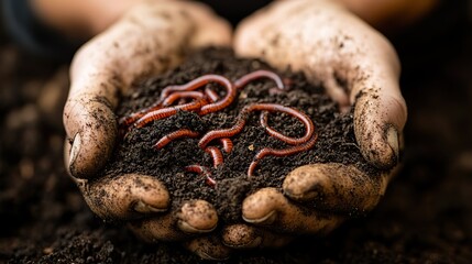 Fototapeta premium a pair of human hands gently cradling cluster of active earthworms amidst rich dark fertile soil symbolizing sustainable agriculture ,soil health