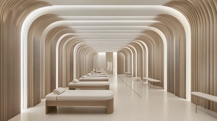 Obraz premium Minimalist Spa Interior Design with Curved Wooden Walls