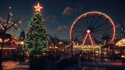 The amusement park is transformed into a holiday wonderland with a sparkling Christmas tree, a brightly lit Ferris wheel, and a colorful carousel adding to the festive charm.