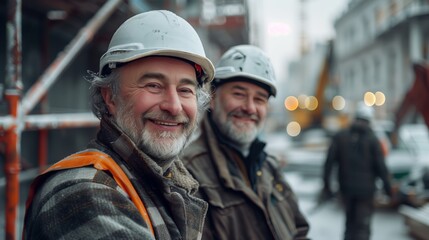 Fototapeta premium Smiling middle-aged men in workwear and white hard hats, standing next to each other smiling at the camera with construction workers behind them