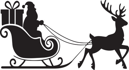 A celebratory silhouette of Santa Claus, riding a sleigh and carrying a gift box