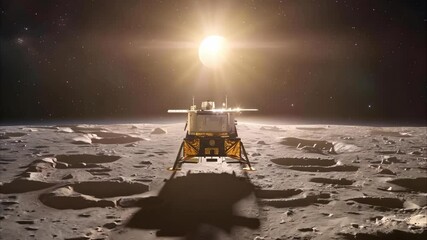 A lunar lander on the moon's surface with the sun rising in the background, highlighting the vast, cratered landscape. - Powered by Adobe