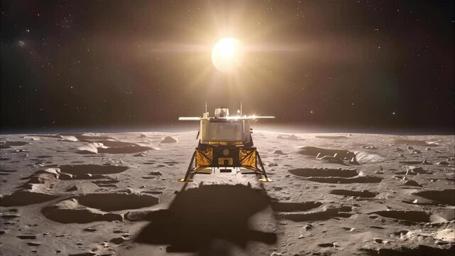 A lunar lander on the moon's surface with the sun rising in the background, highlighting the vast, cratered landscape.