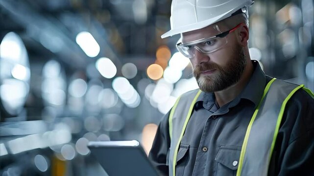 A man in a helmet and safety gear uses a tablet in an industrial setting, likely inspecting or managing operations.