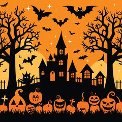 Halloween background castle with pumpkin and bats