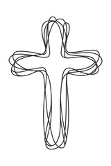 drawing with one black line on a white background depicting a cross, a crucifixion.