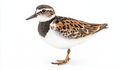 ruddy turnstone moves elegantly with its short legs, displaying intricate patterns of mottled plumage against a clean white backdrop, highlighting its natural beauty.