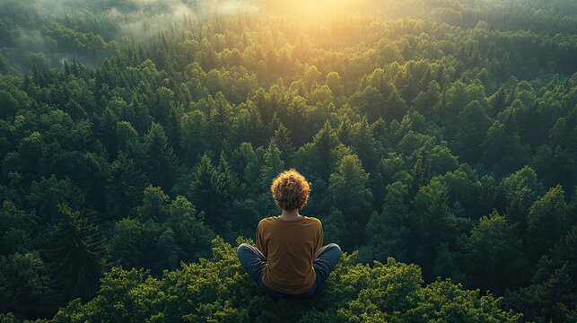a serene image depicting the concept of outdoor breathing featuring person deeply inhaling fresh air amidst lush green forest symbolizing tranquility mindfulness ,connection with nature