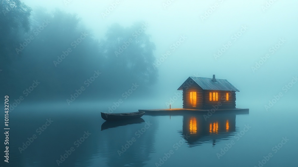 Wall mural A serene cabin on a misty lake, glowing warmly in the fog.