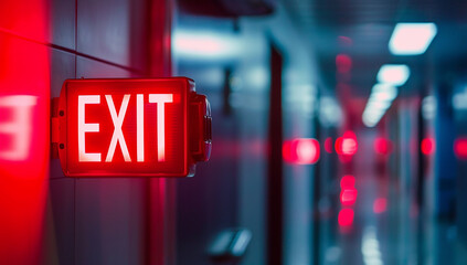 Red emergency text EXIT on the wall of an office building, fire alarm with a red light flashing