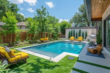 Elegant modern pool area with artificial grass, yellow chairs, and concrete patio in a backyard garden of an eco-friendly home in Dallas.